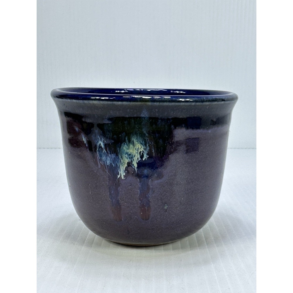 Vintage Studio Pottery Bowl Artist Signed Purple Blue Drip Glaze 2015